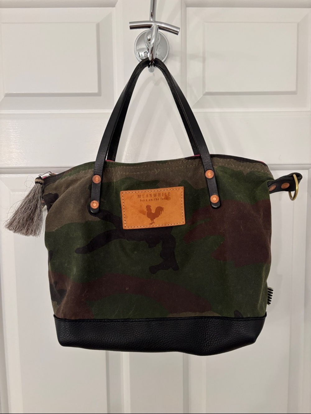 Meanwhile Camouflage Canvas Tote with Black Leather Trim